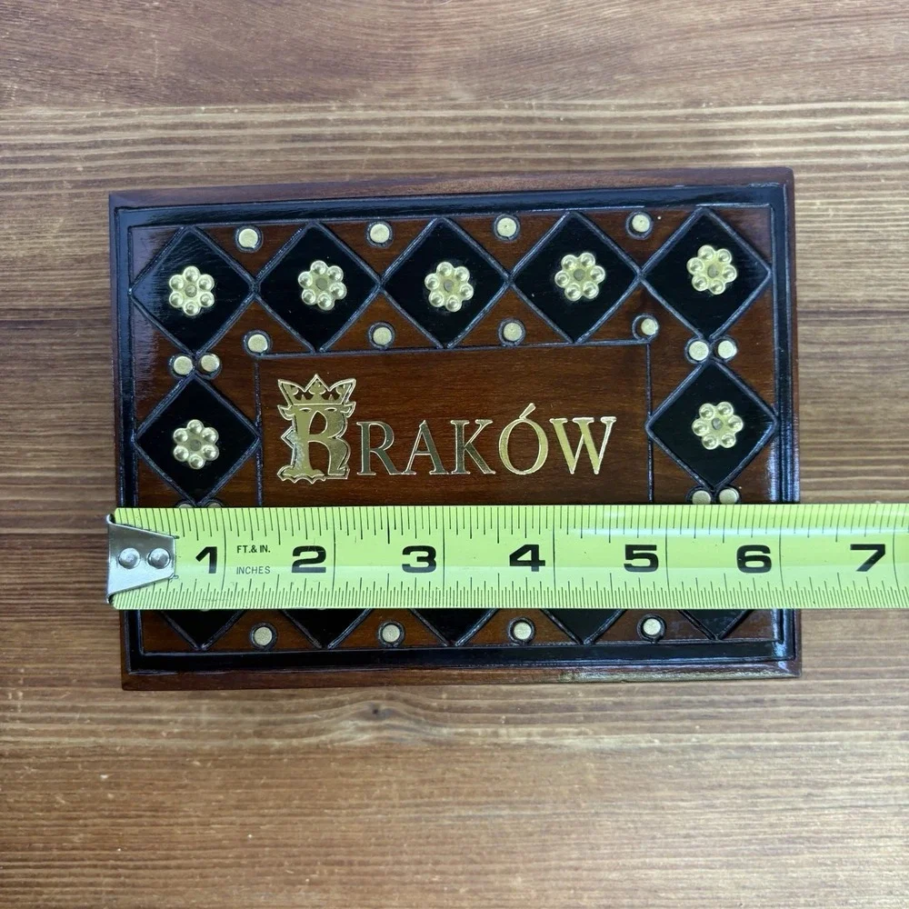 Vintage Kraków Poland Wooden Trinket Jewelry Box Gold Tone Metal Accent Souvenir